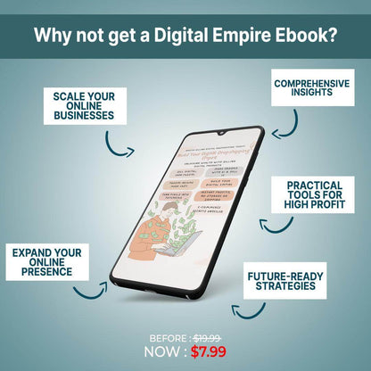 Digital Empire Ebook on sale for $7.99, offers tools to scale online business, comprehensive insights, practical tools for profit, and future-ready strategies.